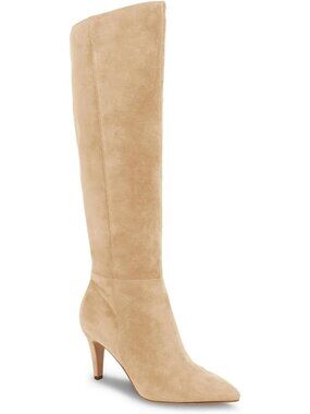 Women's Light Brown Faux Suede Wide Calf Pointed Toe Side Zipper Long Boots